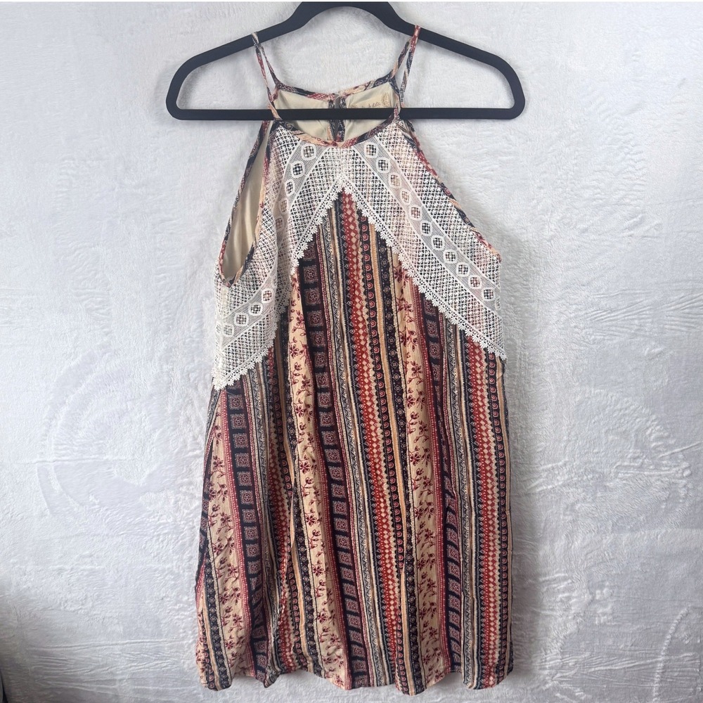 Altar'd State Womens L Halter Top Boho Stripe Crochet Lace Trim Multicolor